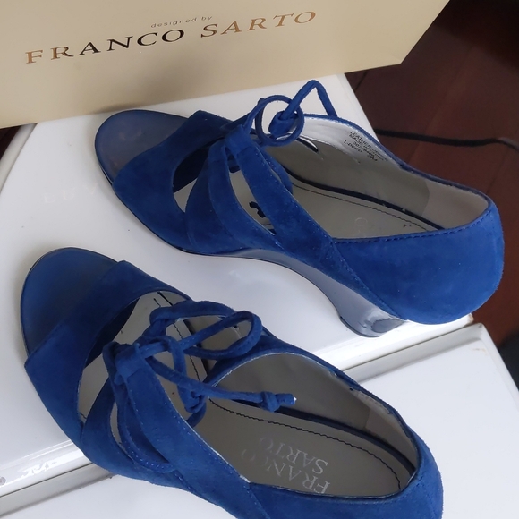 Franco Sarto Royal Blue Lace Up Deco Suede Wedge 7 - Picture 17 of 17